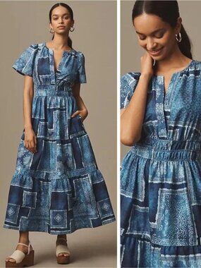 ANTHROPOLOGIE The Somerset Maxi Dress Bandana Patchwork Edition Blue Size XXS